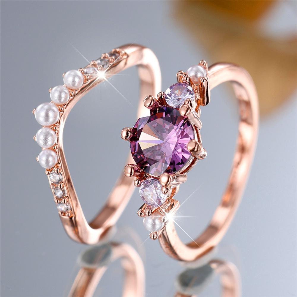 Charm Female Rose Gold Color Purple Round Zircon Stone Engagement Ring Set Vintage Bridal Wedding Bands Party Jewelry For Women
