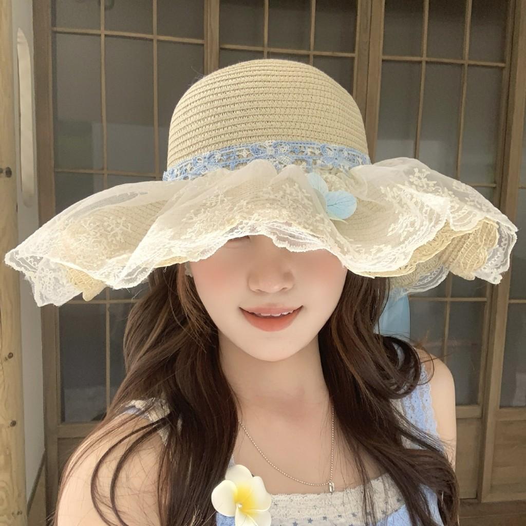 Summer Women Blue Lace Butterfly Bow Sun Hat With Wide Brim For Beach And Vacation