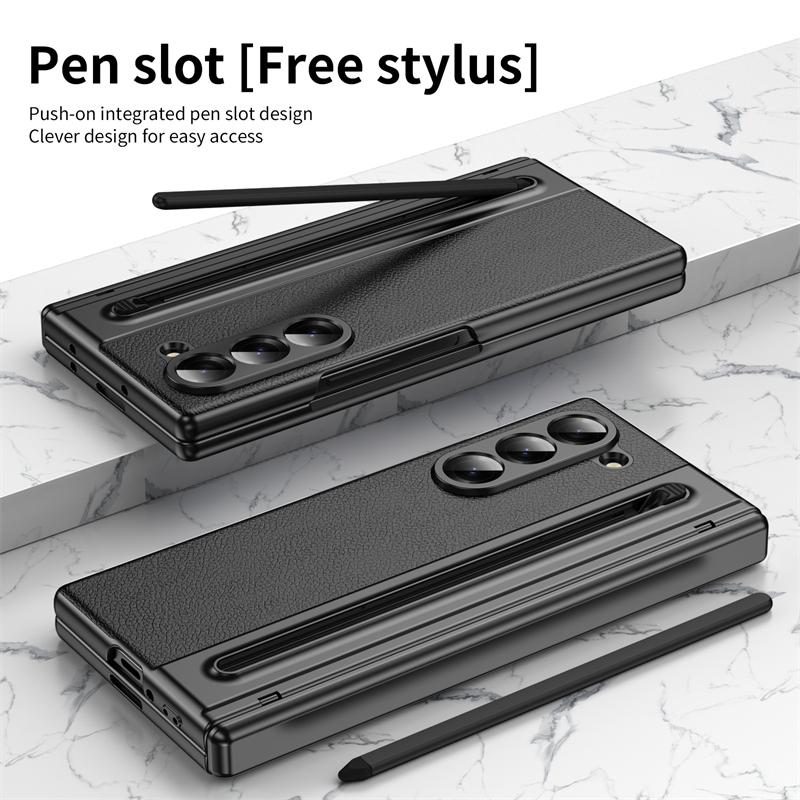 Luxury Leather Hinge Phone Case for Samsung Galaxy Z Fold 7 6 5 4 3 Screen Glass S Pen Slot Shockproof Cover for Galaxy Z Fold 6