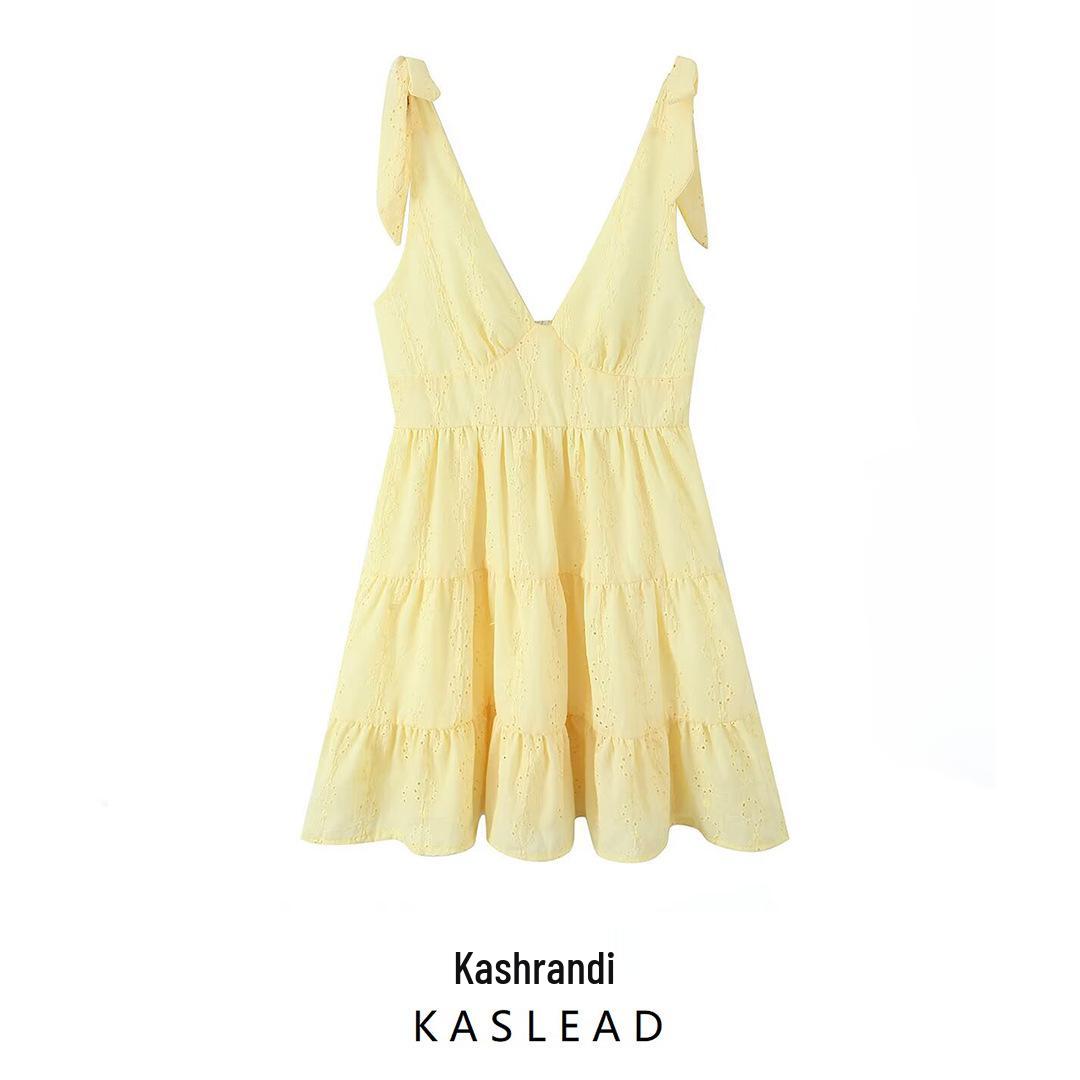 

2025 Spring Women’s European & American Style Embroidered Bow Tie Sleeveless Dress M