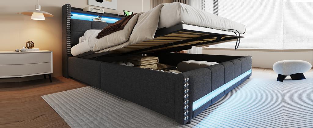 Cama Estofada 180*200cm com Iluminação LED e Tomada USB, Cabeceira com Prateleiras e Arrumação, Com Arrumação Hidráulica, Cama de Casal, Tecido de Linho Cinza