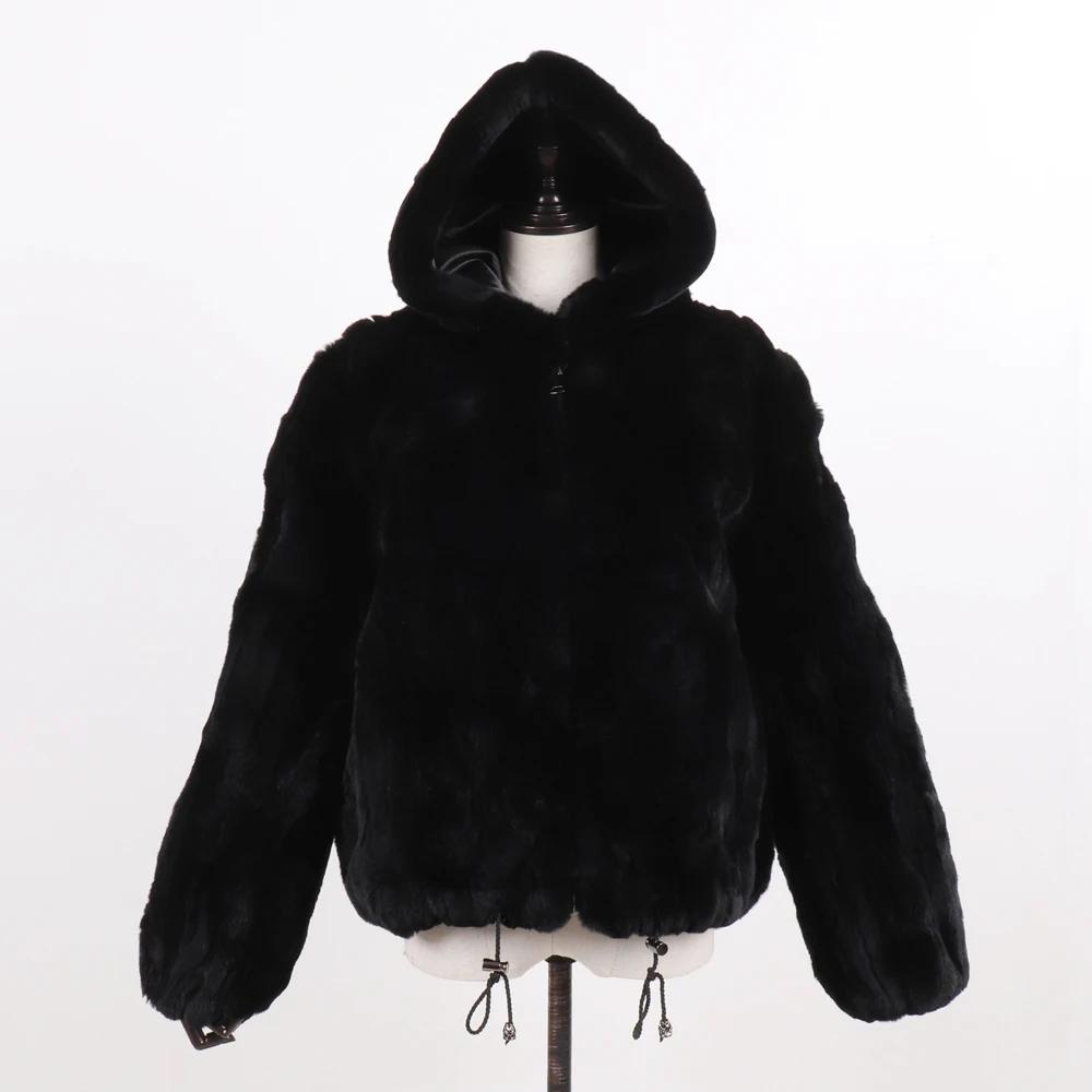 New Women 100% Natural Rex Rabbit Fur Hooded Coats Winter Russian Lady Warm Real Rex Rabbit Fur Jackets Hot Genuine Fur Overcoat
