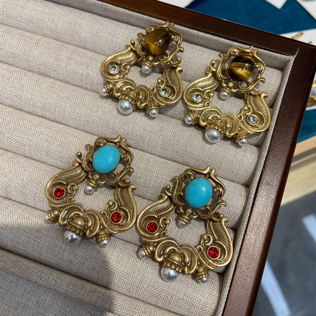 Wran Medieval Vintage Natural Tiger'S Eye Stone Stud Earrings Female, Retro Court Style Light Luxury Versatile Earrings