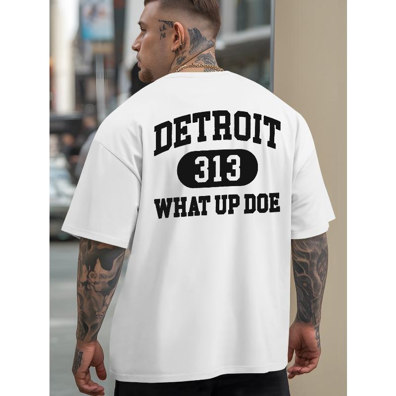 DETROIT 313 WHAT UP DOE Men s Graphic T-Shirt - Summer Casual Short Sleeve Tee with Bold Letter Print, Loose Fit Round Neck, Breathable Fabric S
