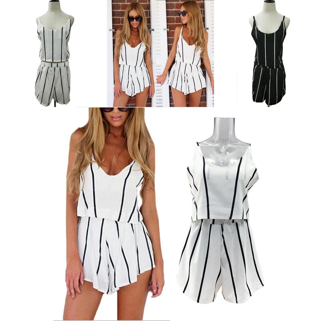 Elegant Striped V-neck Backless Two-piece Outfit Suits For Women In Summer