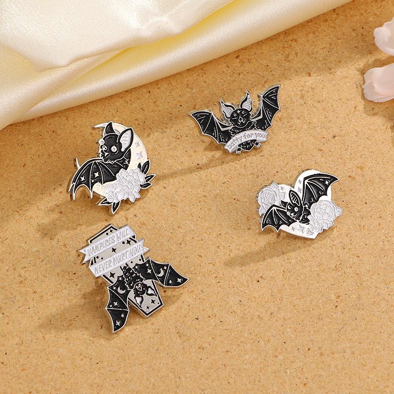 4 Styles Punk Dark Night Bat Theme Enamel Brooches With Flower Moon Heart Coffin Shaped Batty For You Darkness Lapel Pins