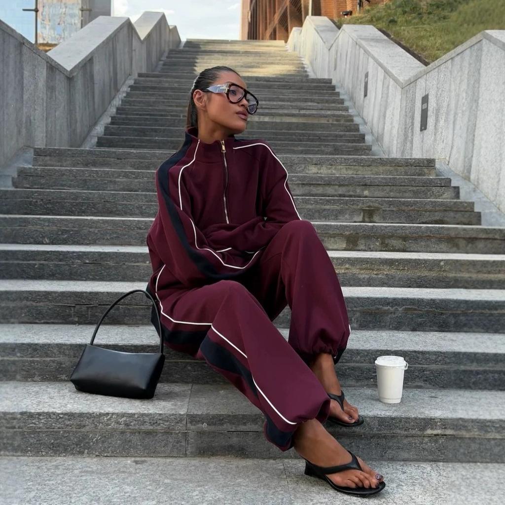 2026 European and American color matching sports suit women's stand-up collar zipper loose jacket wide-leg sweatpants two-piece set
