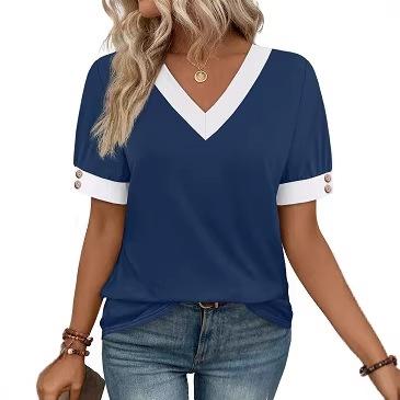 Women's V Neck Color Block Short Sleeve T Shirt Button Decor Casual Summer Tee