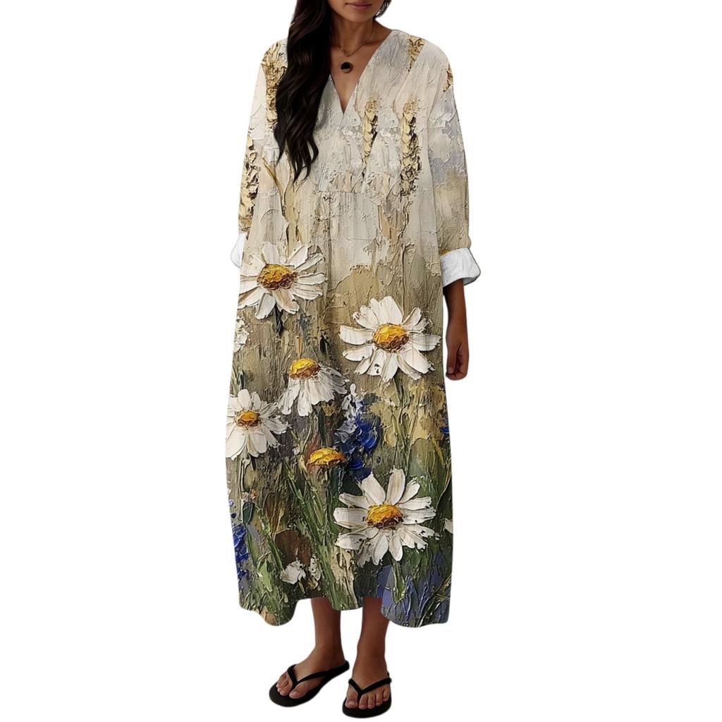 Dámské ležérní módní maxi šaty s výstřihem do V a dlouhým rukávem s květinovým potiskem