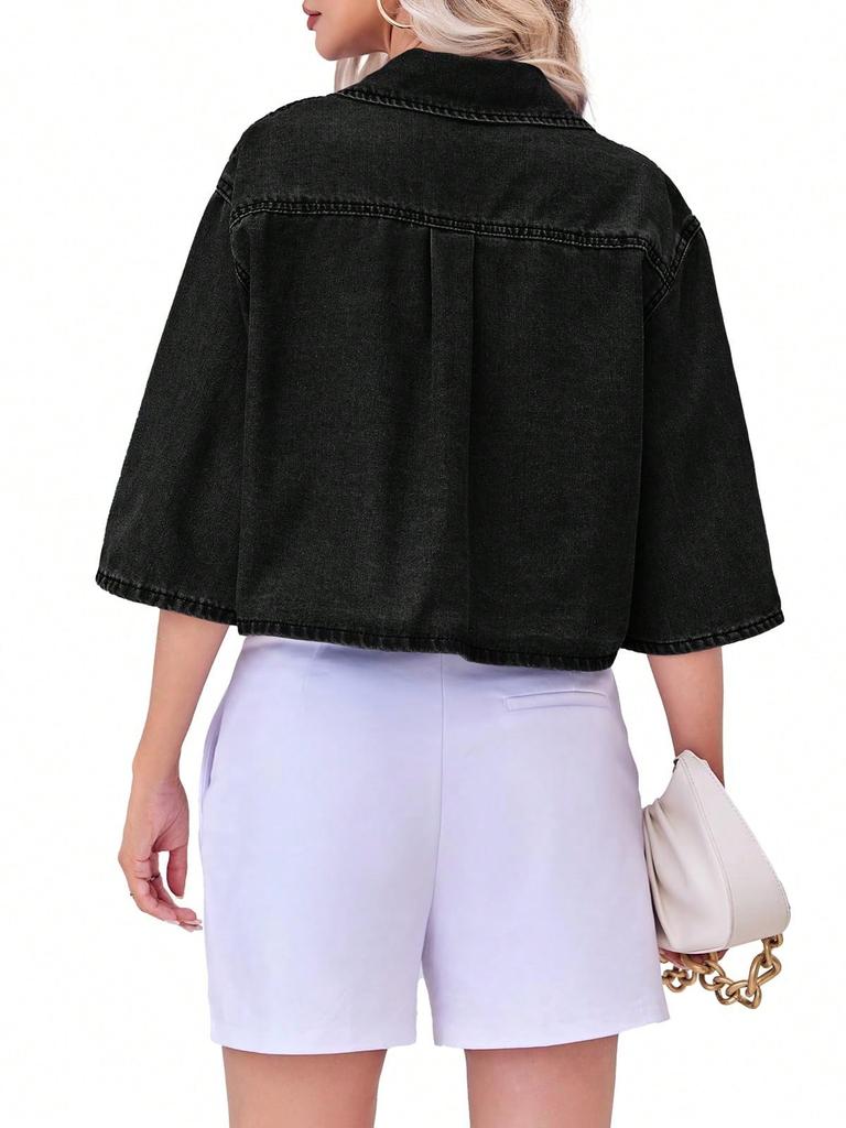 Womens Cropped Denim Shirt Jacket Half Sleeve Button Down Jean Jacket
