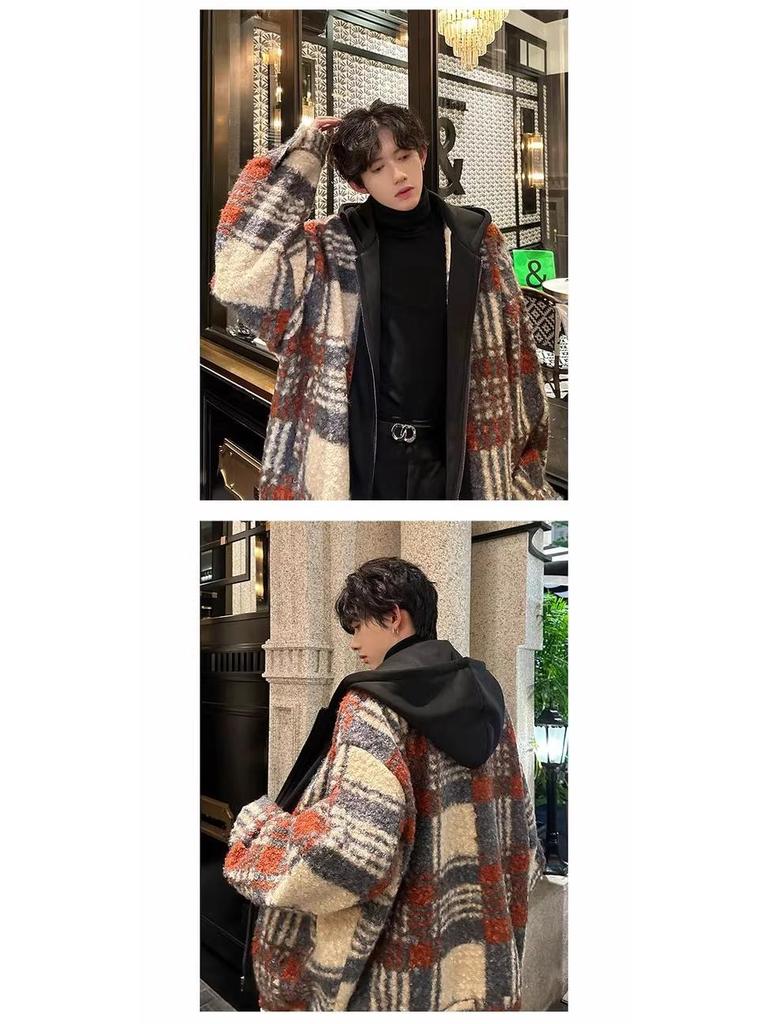 Męska casualowa kurtka z kapturem w kratę z mieszanki wełny - jesienne bloki kolorów, modny dwuczęściowy design