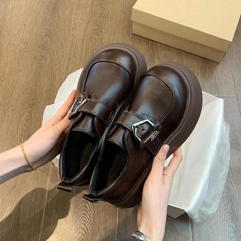 

2025 spring new versatile heightening belt buckle Birkenstock small leather shoes black retro big head platform loafers women 39