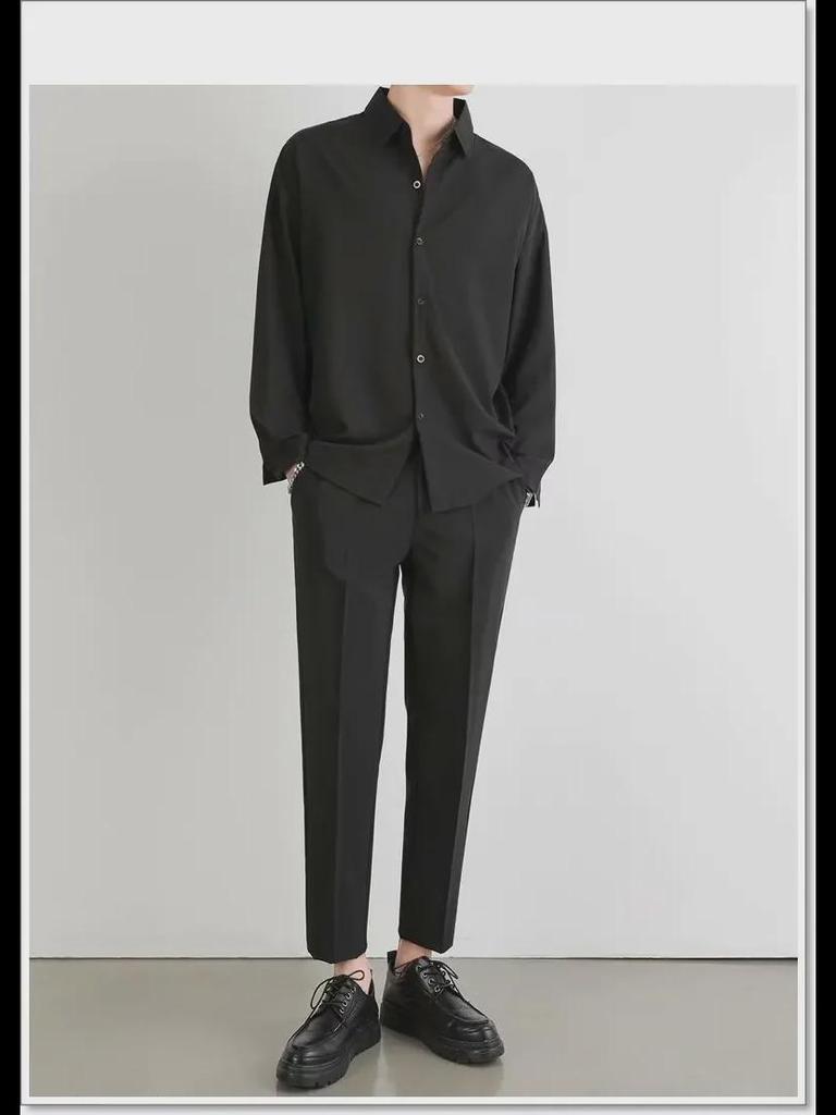 Herr sommarskjorta i svart is-siden med lång ärm - Grå, Strykfri, Lös, Vardaglig, Snygg design