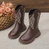 Children Leather Boots Classic Cowboy Embroidery Girls Long Booties Kids Winter Round Toe Soft Snow Shoes Fashion Snow Boots