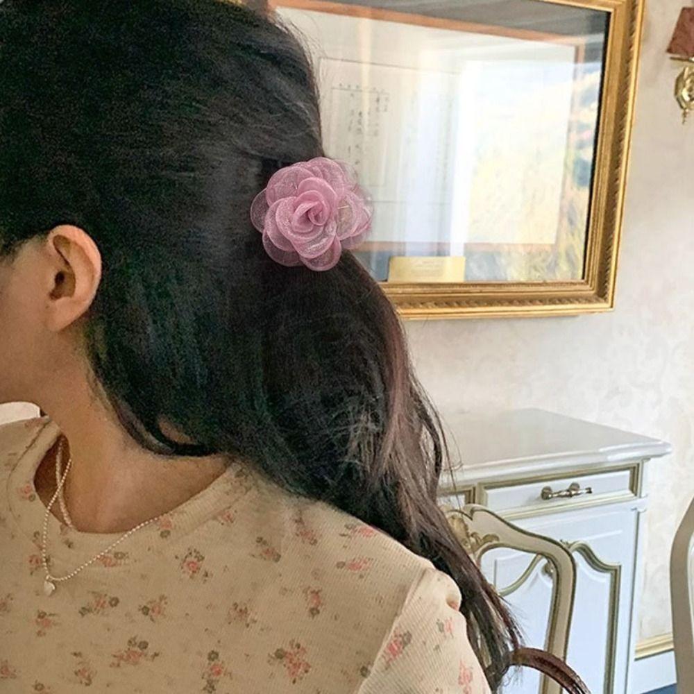 French Style Camellia Shark Clip Mesh Flower Claw Clip Cute Simulation Flower Hair Claw  Seaside