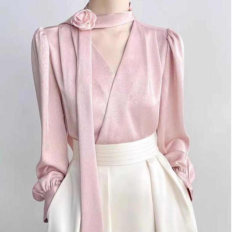 

New Ladies Clothes French Elegance Rose Bow Long-Sleeve Blouse Women’s Chic Spring/Autumn Top Satin High Quality Clothing 3XL