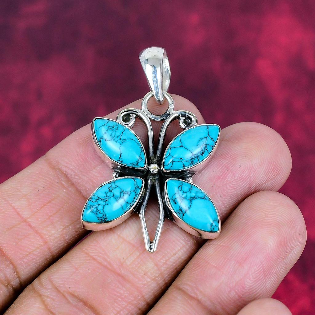 Blauer Türkis Handgemachter Edelstein Anhänger, 925 Sterling Silber Antik Schmuck Anhänger, Für Verlobungsgeschenk