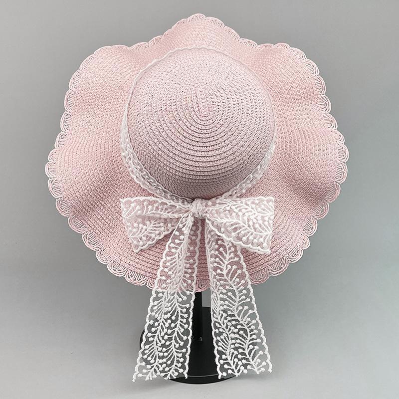 Women's Summer Korean Style Lace Trim Bowknot Wide Brim Sun Hat Sun Protection Straw Hat Beach Sweet Fisherman Hat