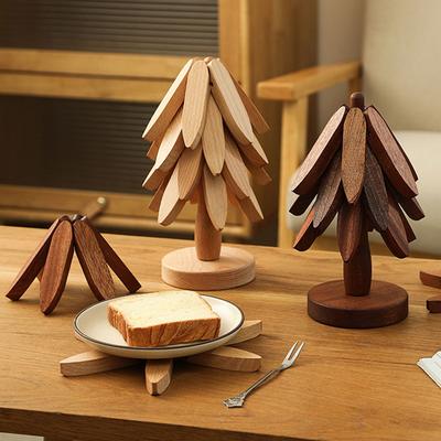 4PCS Wooden Trivets for Hot Dishes Fold Tree Shape Walnut Table Mat Holders Heat Insulated Pad Set Coasters for Pots Anti Scald