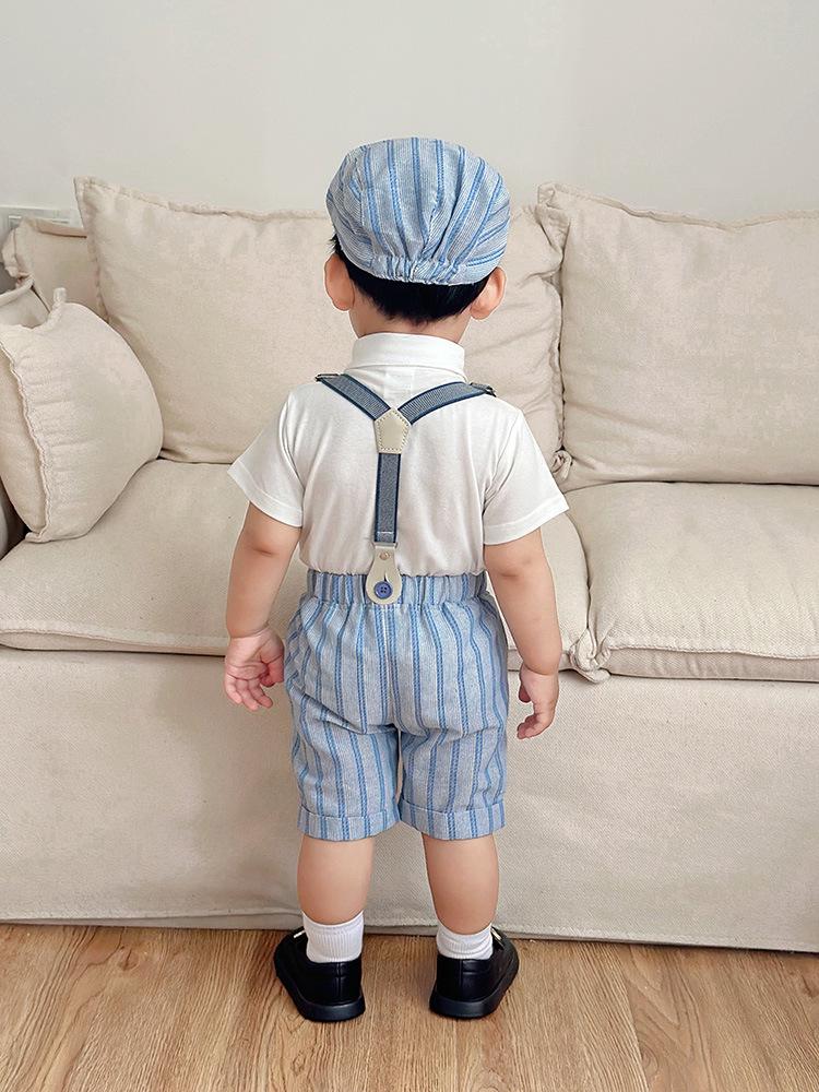 2025 European Style Boys' Summer Bodysuit Set: Short Sleeve, Shorts, and Hooded Three-Piece Outfit