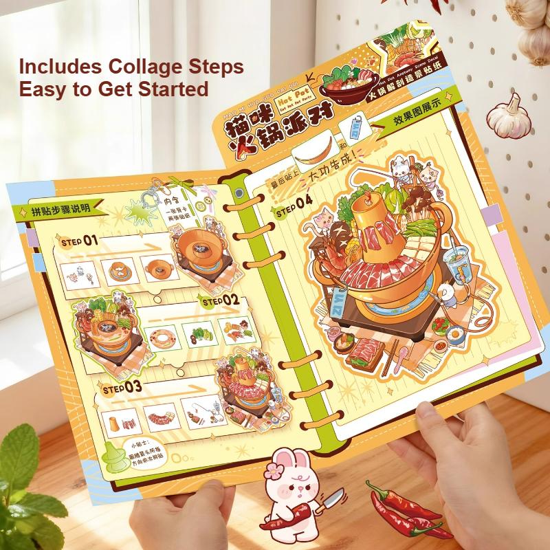 ZIYI Hot Pot Party Miniature Scenery Stickers No-Cut for Quiet Books Hand Accounts Food Play Scene Materials Educational Toys