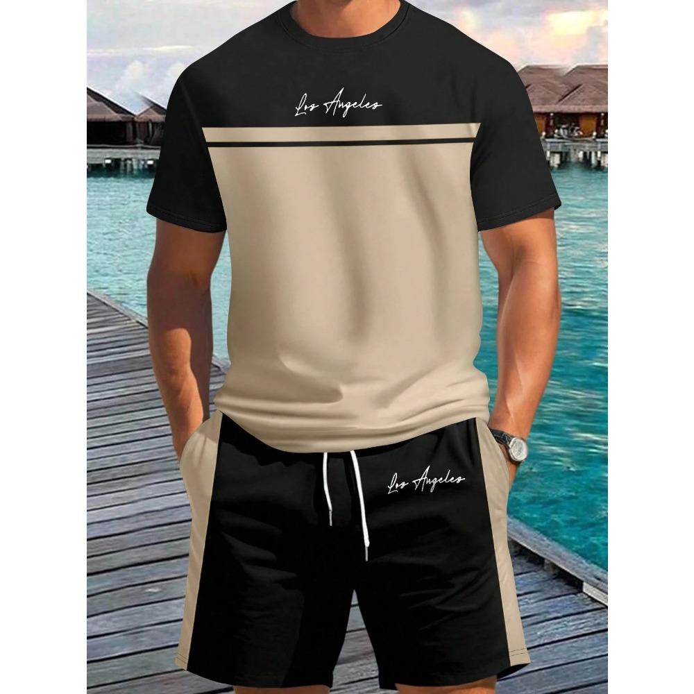 Summer New Arrival Men's Letter Print Short-Sleeve T-Shirt Stylish Mens Shorts Set Vacation Beach Casual T-Shirt Summer Top