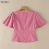 ZANZEA Women Casual Round Neck Solid Color Ruffles Short Sleeve Blouse