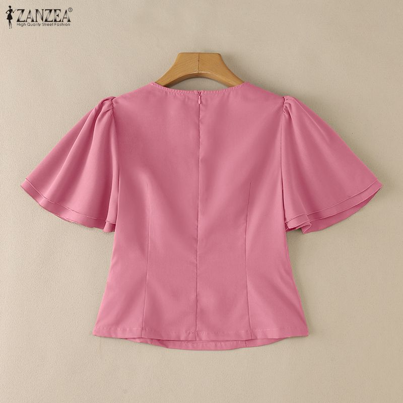 ZANZEA Women Casual Round Neck Solid Color Ruffles Short Sleeve Blouse