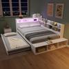 Houten Bed 120 x 200 cm, Opbergbed in Wit, Uittrekbed 90 x 190 cm, Halfomringende Opbergruimte, LED-verlichting, Oplaadpoort en Bank