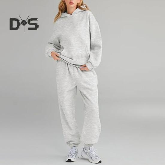 2 bucăți/set pantaloni sport pentru femei, cu glugă, cu mânecă lungă, de culoare pură, cu glugă, cu talie elastică, pantaloni largi, cu bandă la gleznă, ocazional, trening fitness zilnic