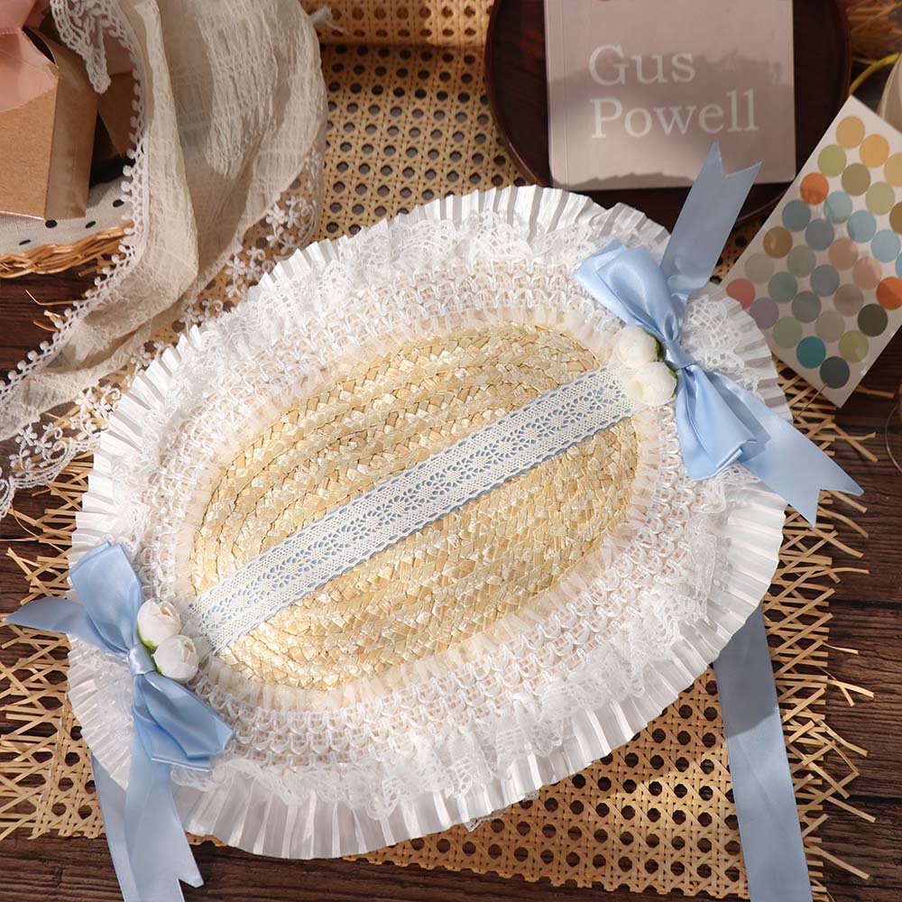 Lace Lolita Bonnet Flat Top Bow Ribbon Flower Cap Elegant Lolita Straw Hat Lolita Accessories