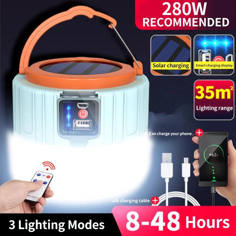 Outdoor Camping LED Light Solar USB Charging Remote Control Tent Lamp Portable Lantern Night Bulb Emergency Lights Camping Tools
