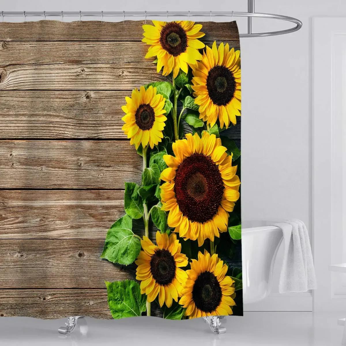 

Farmhouse Rustic Shower Curtain Sunflower Autumn Floral Flower On Rural Barn Wooden Fabric Bathroom Curtains With Hooks Sets W60H190(CM)-1 Pcs