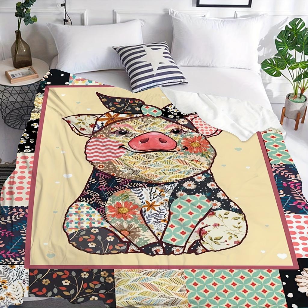 Whimsical Floral Patchwork Pig Flannel printed blanket suitable for all seasons suitable for living room office sofa and travel