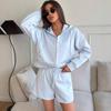 Casual European and American women's sports set, solid color long-sleeve zip-up cardigan, tie-up shorts, two-piece set