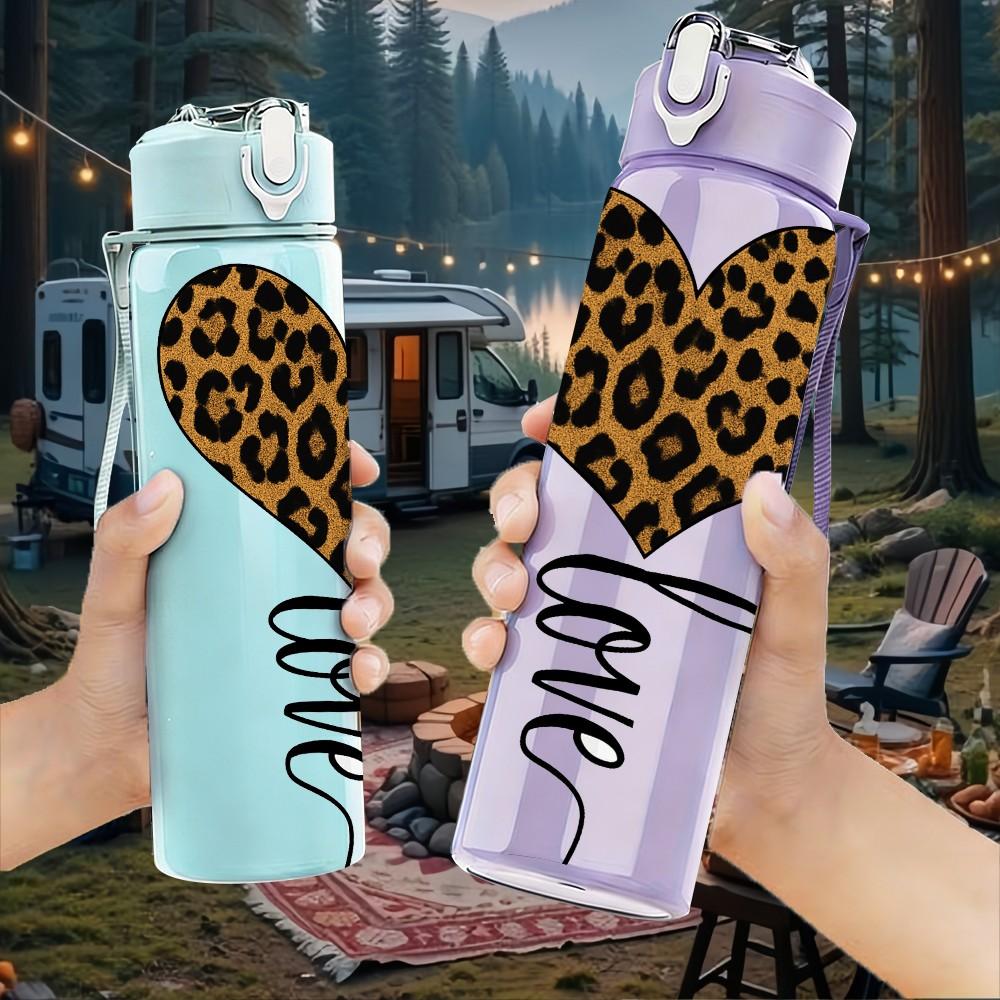 1PC Leopard Heart Love Line Art Print 750ml Color Plastic Sports Water Bottle Leakproof Flip Straw Lid Suitable for Sports Office Home Use