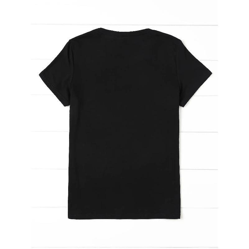 European Size Women's Black Rose & Golden T-Shirt - Short Sleeve Crew Neck Casual Top with Red Roses & Golden Butterflies, Year-Round Wearable