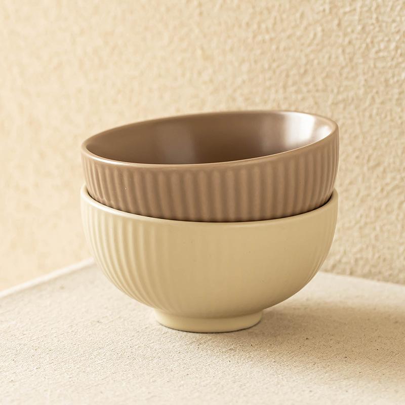 Super Simple Ceramic Rice Bowl European-Style Relief Solid Color Bowl Round One-Person Porridge Noodle Bowl Household Tableware