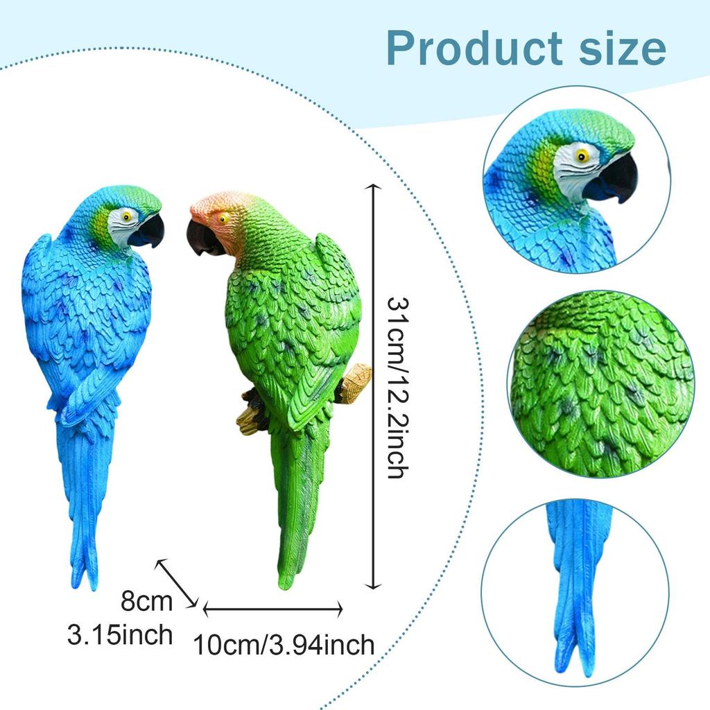 2 Pieces Parrot Figurines Wall Tree Decoration Weatherproof Animal Bird Sculptures for Patio Backyard Lawn Courtyard Balcony