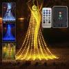 Garden Fence Star Decorations Solar Christmas Tree Waterfall Light 11.5FT 346 LED Powered String Light Reusable Holiday Lighting with Moon Topper for