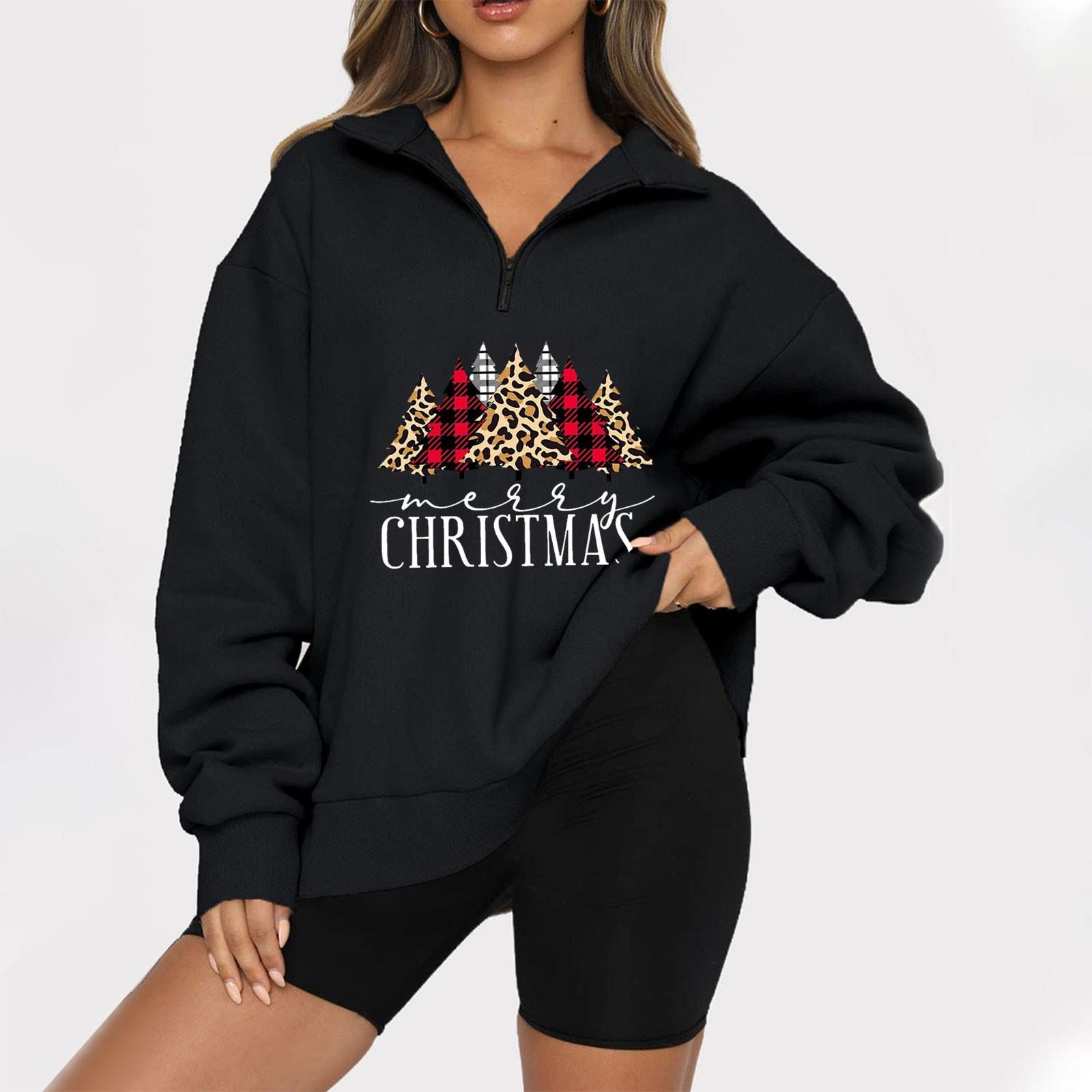 

Женская повседневная модная толстовка на молнии с длинным рукавом и рождественским принтом, топ M чёрный