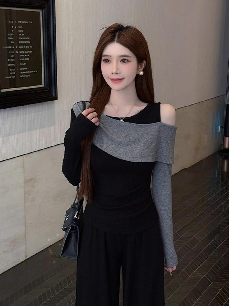 

Plus Size Women s Color Block Long Sleeve Patchwork T-shirt with Faux Two-Piece Design L чёрный