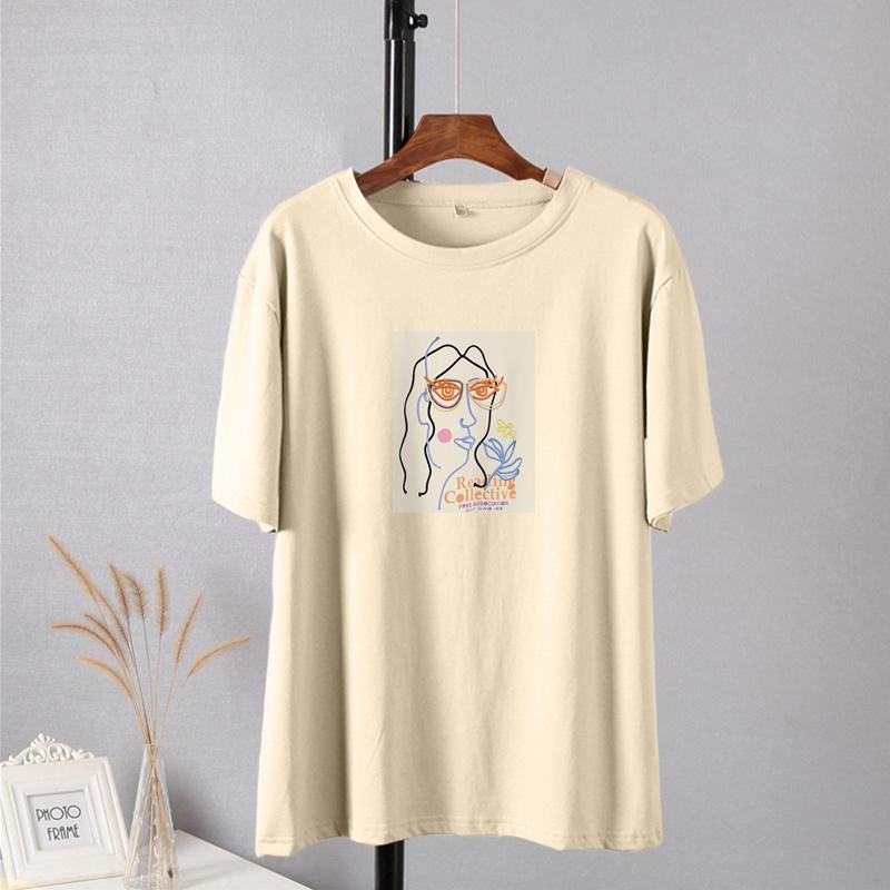 Shellsuning Summer New Aesthetic Printed Tshirts for Women 100% Cotton Vintage Short Sleeves Basic Tees Oversize Top Korean Casual Harajuku Tops