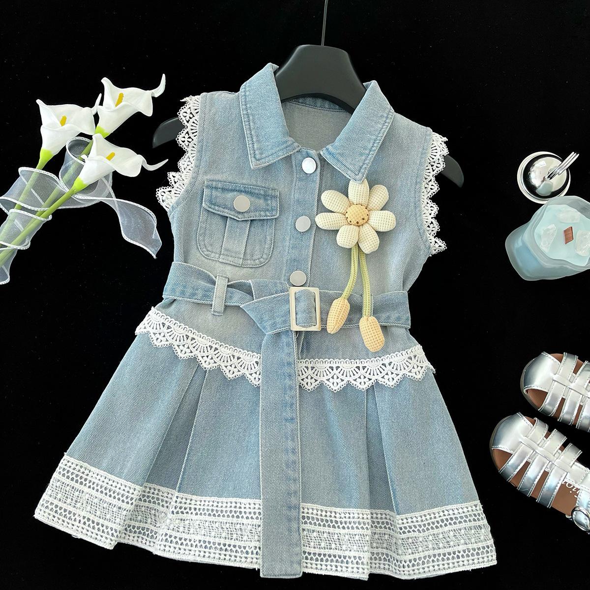 Girls Sleeveless Denim Dress Summer Fashionable Lace Trim Toddler Vest Dress Kids Casual Outfit 90cm
