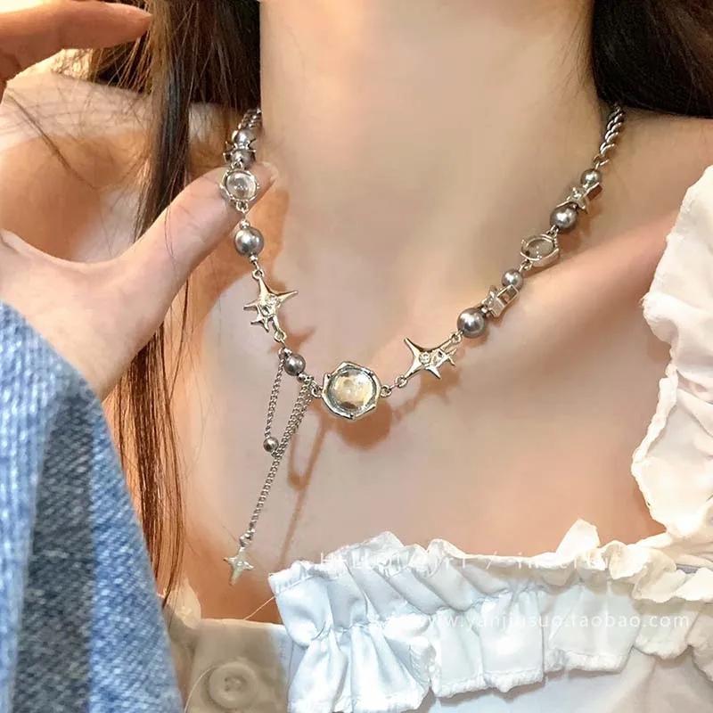 Vintage Maillard Y2K Pendant Necklaces for Women Punk Tiger Eye Stone Round Beads Tassel Necklace Clavicle Choker Jewelry Gifts