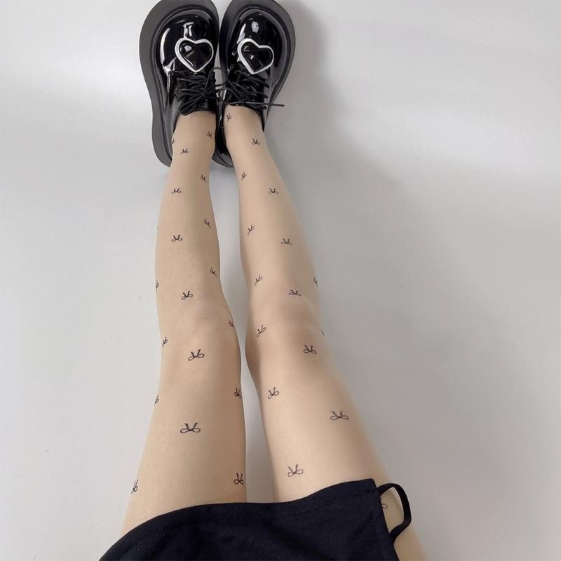 Women Sexy Ultra-Thin Sheer Silky Tights Japanese Sweet Bowknot Polka Dot Heart Printed See Through Pantyhose Stockings