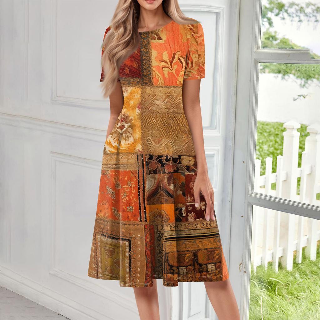 Women Casual Printed Round Neck Short Sleeved Long Dress
