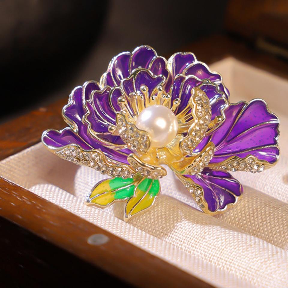 Elegant Peony Flower Brooch with Pearl and Enamel In Purple and Gold