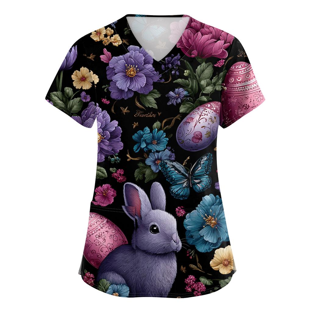 Women's Fashion V-Neck Short-Sleeved Workwear With Pockets Easter Print Top Caregiver Uniform