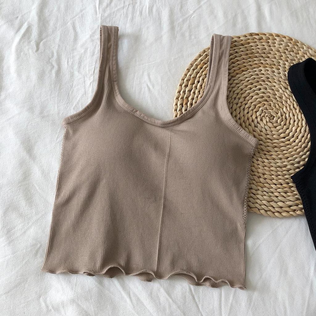 Girls' Solid Color Cropped Tank Top with Built-in Bra Pads - Versatile Inner or Outer Wear.